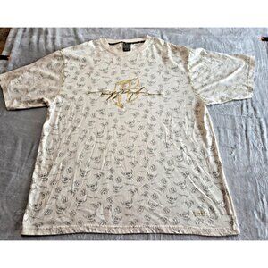 Vintage Ruff Ryders All Over Logo T Shirt Mens 2XL Cream Gold Y2K Hip Hop DMX